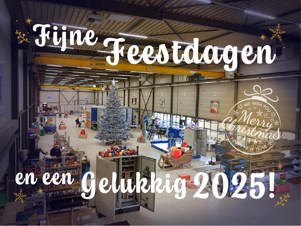 Kerstkaart die de werkplaats van Manders Automation laat zien in kerstsfeer.